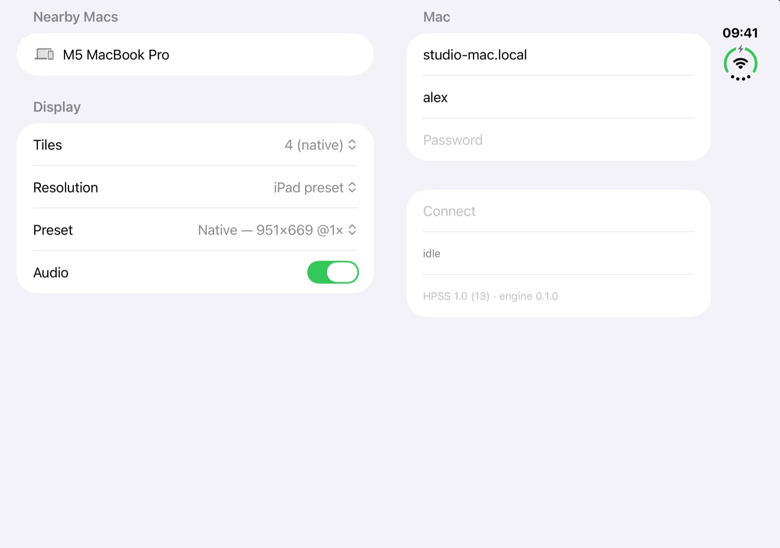 HPSS on the inner display of iPhone Duo, with the connect screen laid out in two columns either side of the fold