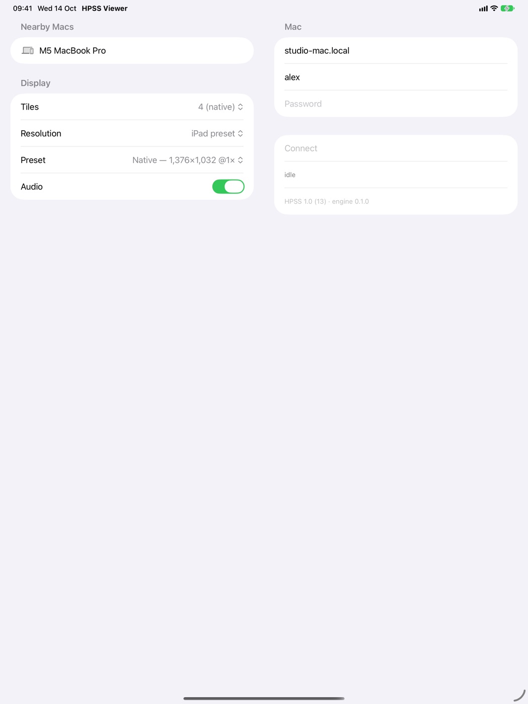 The HPSS connect screen on iPad, showing a nearby Mac, the sign-in fields and display settings
