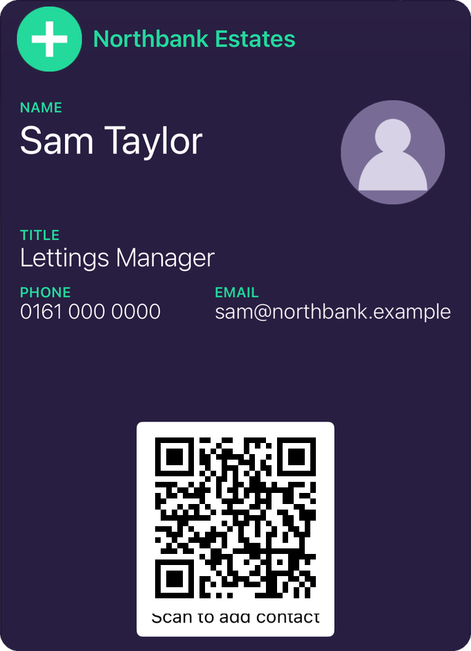 A digital business card in Apple Wallet: company logo, name, title, phone and email, with a QR code to add the contact