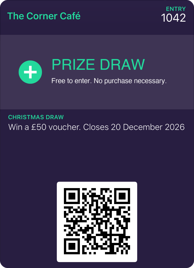 A prize draw entry card in Apple Wallet: entry number 1042 in the top corner, the draw name, prize and closing date, with a QR code