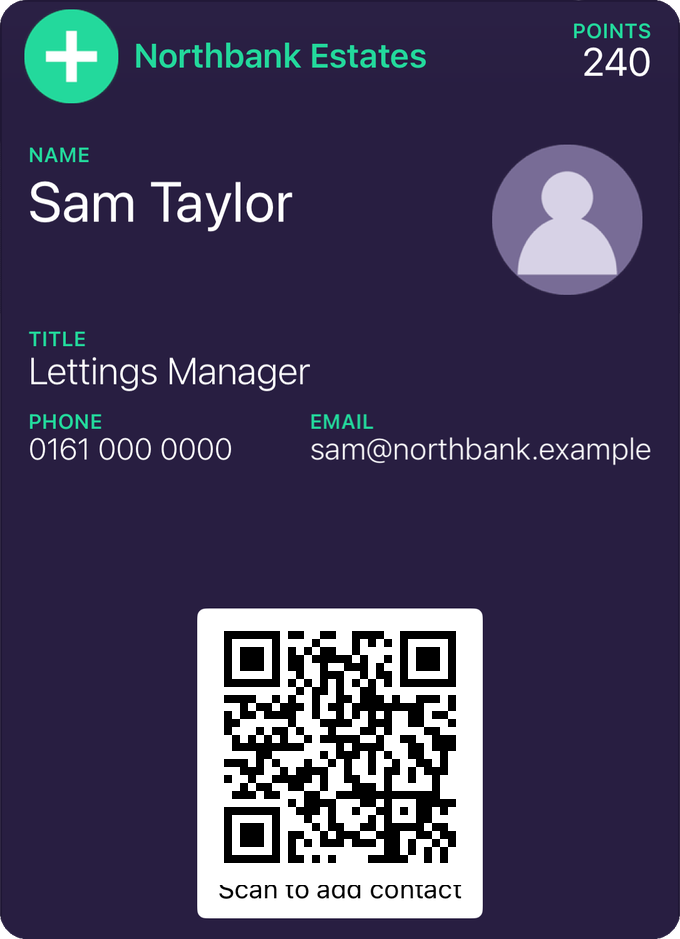 A staff business card in Apple Wallet with a recognition points balance of 240 in the top corner